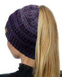 C.C BeanieTail Soft Stretch Cable Knit Messy High Bun Ponytail Beanie Hat, Confetti Ombre Black
