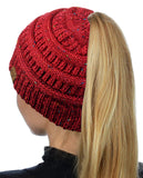 C.C BeanieTail Soft Stretch Cable Knit Messy High Bun Ponytail Beanie Hat, Confetti Ombre Black