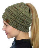 C.C BeanieTail Soft Stretch Cable Knit Messy High Bun Ponytail Beanie Hat, Confetti Ombre Black