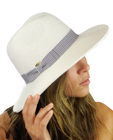 NYFASHION101 Striped Ribbon Band Teardrop Dent Panama Fedora Sun Hat
