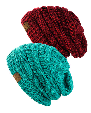 Unisex Two Tone Warm Cable Knit Thick Beanie Cap, 2 Pack