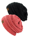 Unisex Two Tone Warm Cable Knit Thick Beanie Cap, 2 Pack