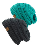 Unisex Two Tone Warm Cable Knit Thick Beanie Cap, 2 Pack