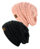 Unisex Two Tone Warm Cable Knit Thick Beanie Cap, 2 Pack
