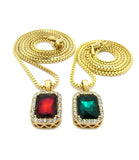 Micro Faux Ruby & Faux Emerald Stone Pendant Set 2mm 24" & 30" Box Chain Necklace in Gold-Tone