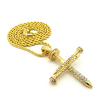 Studded Allover 3 Cross Nail Pendant w/ 2mm 24" Rope Chain Necklace in Gold-Tone