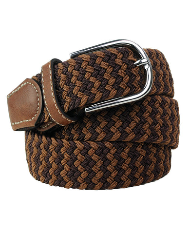 NYFASHION101 Rounded Metal Buckle Brown Inlay Elastic Braided Woven Stretch Belt, Brown/Tan - XL