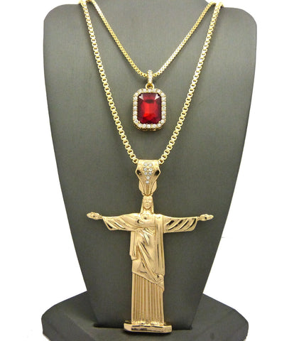 Colored Gemstone & Christ the Redeemer Pendant Set w/ 24" & 30" Box Chain Necklaces in Gold-Tone