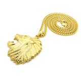 Side-Face Roaring Lion Leo Zodiac Pendant w/ 4mm 30" Cuban Chain Necklace in Gold-Tone