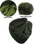 C.C Soft Quilted Puffer Detachable Faux Fur Pom Inner Lined Cuff Beanie Hat