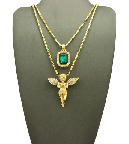 Stone Stud Extended Wing Praying Angel & Colored Gemstone Set w/ 24" & 30" Gold-Tone Box Chains