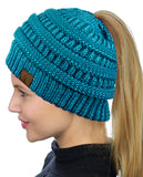 C.C BeanieTail Soft Stretch Cable Knit Messy High Bun Ponytail Beanie Hat