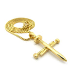 Simple Studded Reversible 3 Cross Nail Pendant w/ 2mm 24" Box Chain Necklace in Gold-Tone