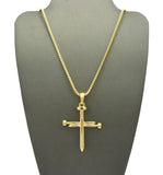 Simple Studded Reversible 3 Cross Nail Pendant w/ 2mm 24" Box Chain Necklace in Gold-Tone