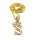 Unisex Stone Stud Tilted Crown Letter Initial Micro Pendant 2mm Box Chain Necklace, 20", S