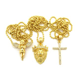Extended Wing Angel, King Lion, & Slim Cross Pendant Set w/ 2mm 24" Ball Chain Necklaces in Gold-Tone