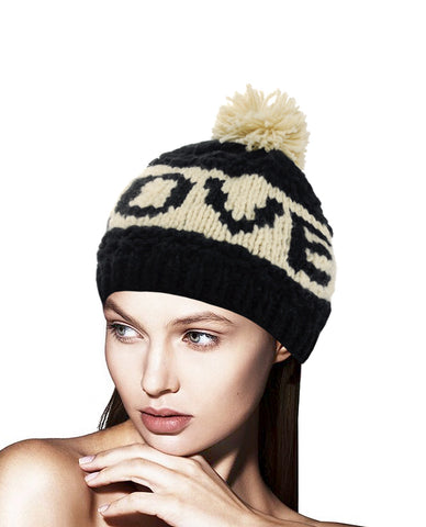 NYfashion101 Two Tone Handmade Love Knitted Short Pom Pom Beanie Hat