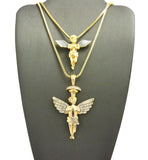 Silver-Tone Dusted Wing Praying Angel & Stone Stud Halo Angel Pendant Set w/ 24" & 30" Box Chains in Gold-Tone