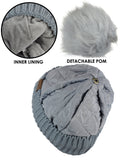 C.C Soft Quilted Puffer Detachable Faux Fur Pom Inner Lined Cuff Beanie Hat