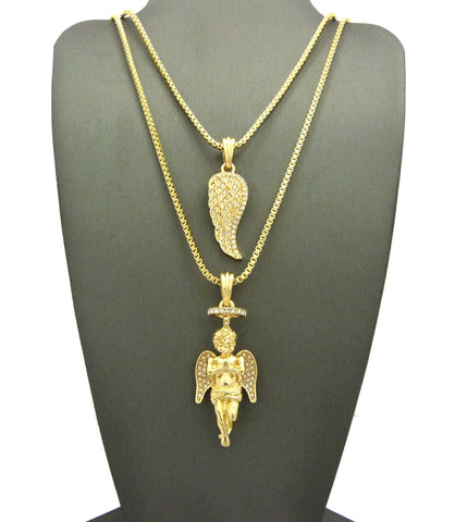 Angel Wing Pendant & Baby Halo Angel Pendant Set w/ Chain Necklace