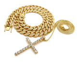 Hip Hop Rapper's Style Iced Out Cuban Chain & Stone Stud Cross pendant with Box Chain Necklace Set