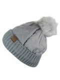 C.C Soft Quilted Puffer Detachable Faux Fur Pom Inner Lined Cuff Beanie Hat