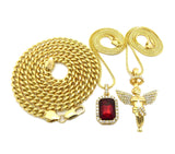 Colored Gemstone & Hip Hop Pendant Set on Box Chains with Cuban Chain in Gold-Tone