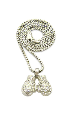 Rhinestone Studded Mini Box Gloves Pendant with 2mm 24" Box Chain Necklace in Silver-Tone