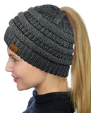 C.C BeanieTail Soft Stretch Cable Knit Messy High Bun Ponytail Beanie Hat