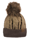 C.C Soft Quilted Puffer Detachable Faux Fur Pom Inner Lined Cuff Beanie Hat