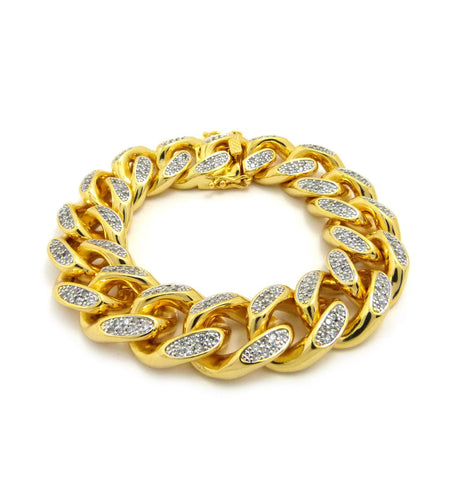 19mm 8.5" Men's Gold Plated Brass Cubic Zirconia Stone Bracelet with Box Clasp
