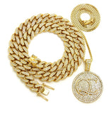 Hip Hop Rapper's Style Iced Out Cuban Chain & Stone Stud QC pendant with Box Chain Necklace Set