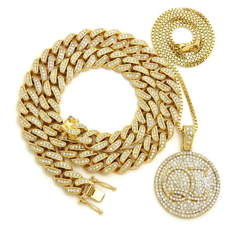 Hip Hop Rapper's Style Iced Out Cuban Chain & Stone Stud QC pendant with Box Chain Necklace Set