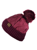 C.C Soft Quilted Puffer Detachable Faux Fur Pom Inner Lined Cuff Beanie Hat