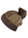 C.C Soft Quilted Puffer Detachable Faux Fur Pom Inner Lined Cuff Beanie Hat