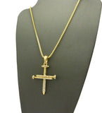 Studded Allover 3 Cross Nail Pendant w/ 2mm 24" Box Chain Necklace in Gold-Tone