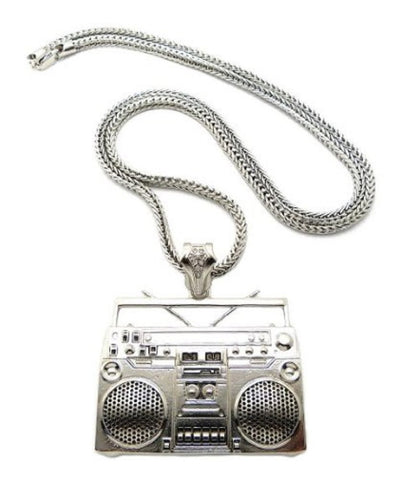 Celebrity Style Shiny Silver-Tone Boombox Pendant w/4mm 36" Franco Chain Necklace XP889R