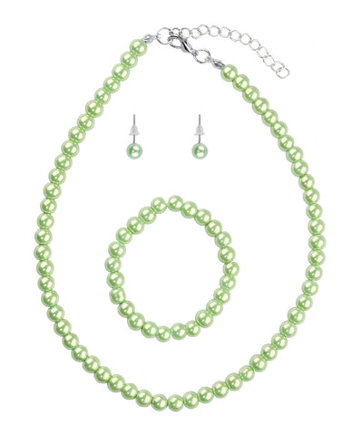 Girl's Simulated Pearl Necklace with Stretch Bracelet & Ball Stud Earrings