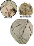 C.C Soft Quilted Puffer Detachable Faux Fur Pom Inner Lined Cuff Beanie Hat
