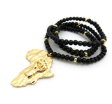 Power Fist on Africa Pendant w/6mm 30" Black Wood Bead Color Disc Necklace, Gold-Tone