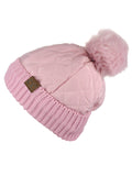 C.C Soft Quilted Puffer Detachable Faux Fur Pom Inner Lined Cuff Beanie Hat