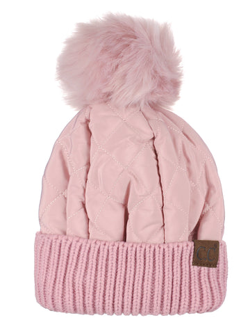 C.C Soft Quilted Puffer Detachable Faux Fur Pom Inner Lined Cuff Beanie Hat