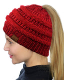 C.C BeanieTail Soft Stretch Cable Knit Messy High Bun Ponytail Beanie Hat