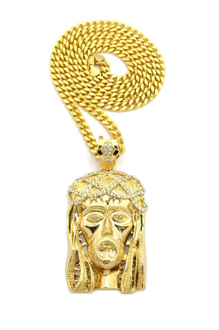 Stone Stud Woven Crown of Thorns Jesus Head Pendant w/6mm 30" Box Cuban Chain Necklace, Gold-Tone