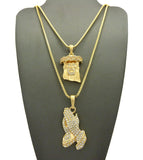 Stone Stud Jesus Face & Stone Stud Praying Hands Pendant Set w/ 2mm Box Chains in Gold-Tone