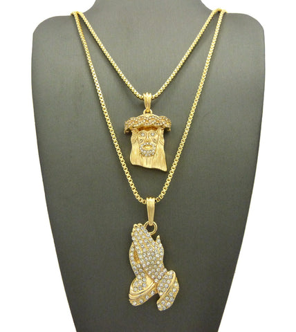 Stone Stud Jesus Face & Stone Stud Praying Hands Pendant Set w/ 2mm Box Chains in Gold-Tone