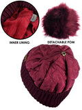 C.C Soft Quilted Puffer Detachable Faux Fur Pom Inner Lined Cuff Beanie Hat