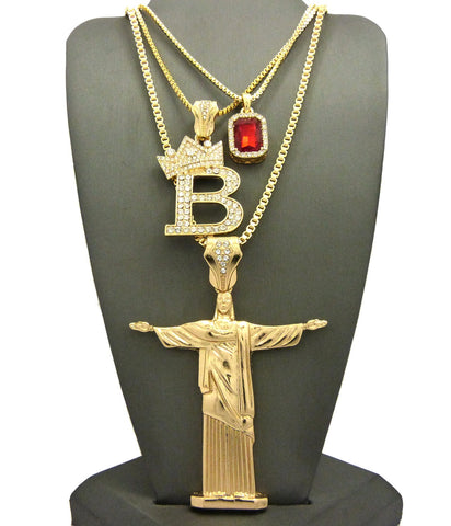 Colored Gemstone, Tilted Crown Initial B, Christ the Redeemer Pendant Set w/ Chain Necklaces