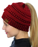 C.C BeanieTail Soft Stretch Cable Knit Messy High Bun Ponytail Beanie Hat