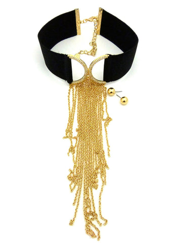 Women's Elastic Choker Dangling Waterfall Necklace and Ball Earring Set in Gold-Tone